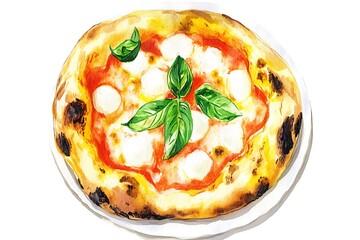 Watercolor painting of a delicious margherita pizza with fresh basil