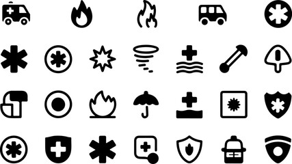 Collection of black silhouette icons representing emergency services including ambulance fire medical symbols and disaster response elements on white background
