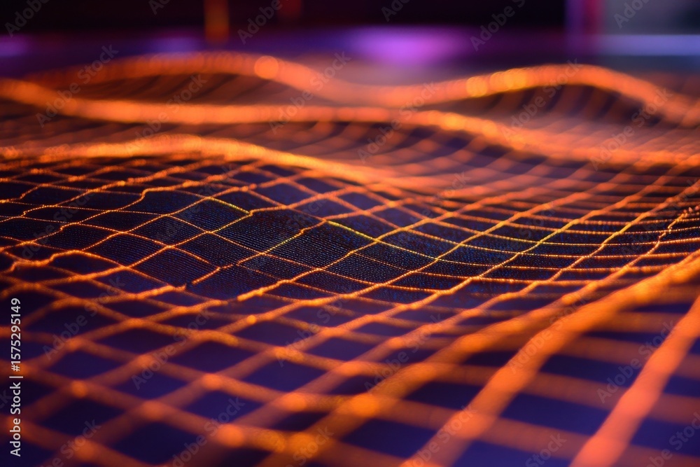 Poster intricate waveform patterns on a grid surface illuminated by vivid colors, waveform on grid surface