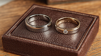 Pair of Wedding Rings in Leather Box, Symbol of Marriage, Engagement Jewelry for Ceremony