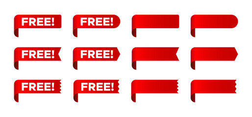 Free Label Ribbon Set. Blank Red Label Ribbon Set. Red Free Tag Badge Banner Collection