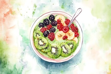 Vibrant watercolor painting of a fruit smoothie bowl topped with berries and banana