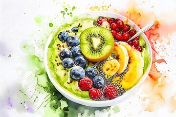 Vibrant watercolor smoothie bowl bursting with fresh berries and tropical fruits