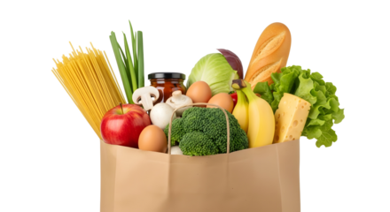 Brown Paper Bag Overflowing with vegetables and  Groceries items isolated on transparent background  Minimalist Food Collection: transparent Background Showcase of Fresh Groceries
