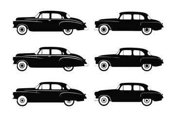 Classic Car Silhouette Collection: Six timeless classic car silhouettes, showcasing their elegant design and historical significance, evoke nostalgia and appreciation for vintage automobiles. 