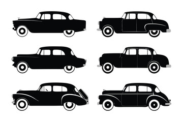 Classic Cars Silhouette Collection: A stylish ensemble of iconic vintage cars, meticulously rendered in elegant black silhouettes, perfect for design projects and retro aesthetics.