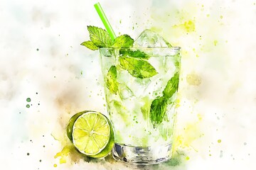 Refreshing watercolor mojito with lime and mint on a bright background