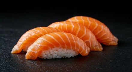 Serving of Fresh Salmon Sushi on Dark Background