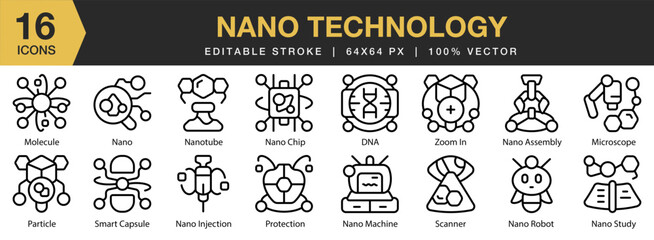 Naklejka premium Nano Technology icon set. Editable Stroke Icon Collection. Includes nanotechnology, technology, science, modern, chemistry , and More. Outline icons vector collection.