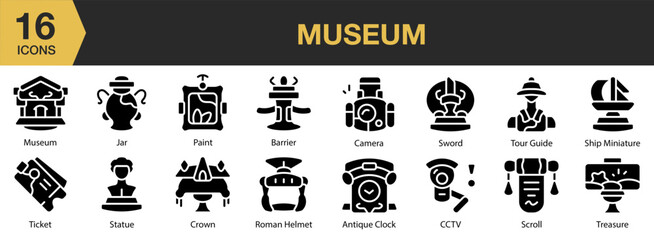 Museum solid icon set. Includes city, exhibition, history, town, collection, and More. Solid icons vector collection.
