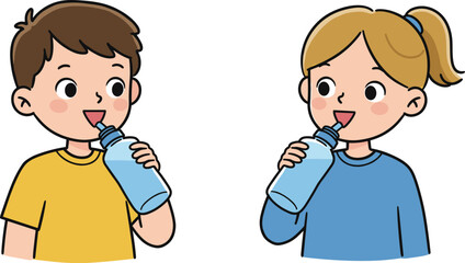 Cartoon Illustration of Happy Children Drinking Water from Bottles, Promoting Hydration and Healthy Lifestyle