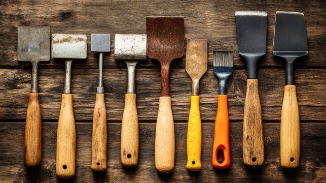 Woodworking tools arranged on rustic wood surface.  Possible use Stock photo for woodworking, DIY, or carpentry projects