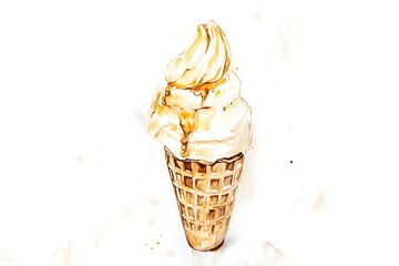 Watercolor painting of a soft serve ice cream cone with caramel sauce