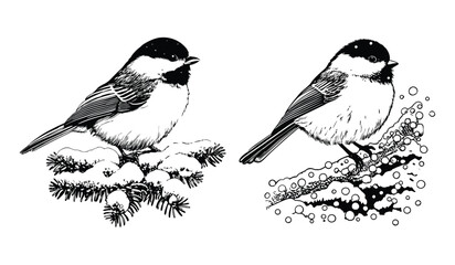 Chickadees perched on snowy branches are depicted in a detailed illustration, isolated on white background © Pixel Art