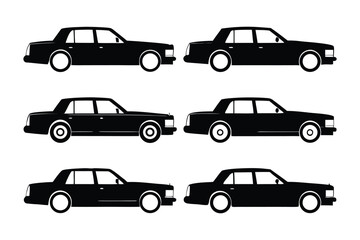 Black Sedan Silhouettes: A sleek assortment of black sedan car silhouettes, showcasing their distinct side profiles against a backdrop of precision and detail, offering versatility for design.