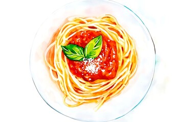Artistic watercolor painting of spaghetti with tomato sauce and basil