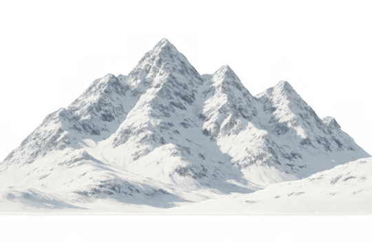 Snowy mountain peaks rising against clear sky, representing alpine grandeur with pristine white transparency for winter-themed design projects - Powered by Adobe