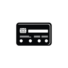 Fototapeta premium Simple Black Credit Card Icon with Chip and Dots on Transparent Background