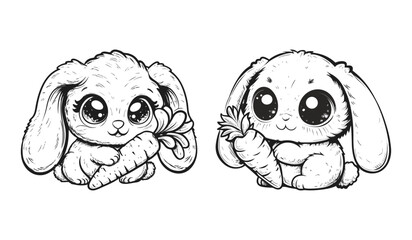 Adorable bunnies hold carrots, isolated on white background, depicted in a cute, handdrawn cartoon style with big eyes