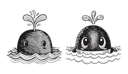Cute whales spout water, isolated on white background, rendered in a charming, handdrawn cartoon style with expressive eyes