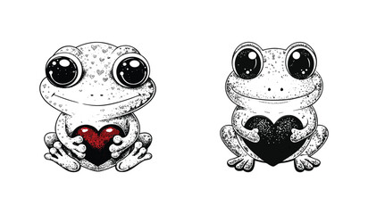 Adorable frogs holding a heart, isolated on white background, expressing love and cuteness in a cartoon style