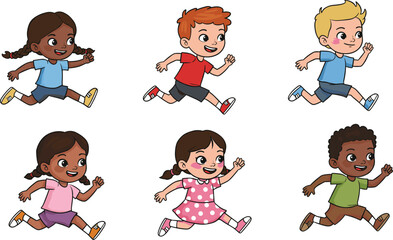 Cheerful Diverse Children Running in Happy Motion, Illustration of Kids Playing Outdoors