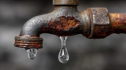 Water leak cracked pipe with dripping water closeup, plumbing damage emergency repair concept for home design ads