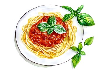 Watercolor illustration of spaghetti with tomato sauce and fresh basil