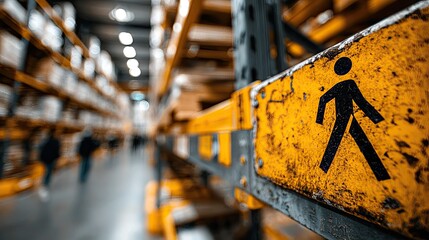 Warehouse safety sign showing pedestrian crossing symbol, promoting workplace regulations and industrial safety