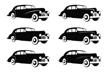Classic Car Silhouette Collection: A stylized montage showcases six vintage automobiles in sleek, elegant black, evoking an era of timeless automotive design.