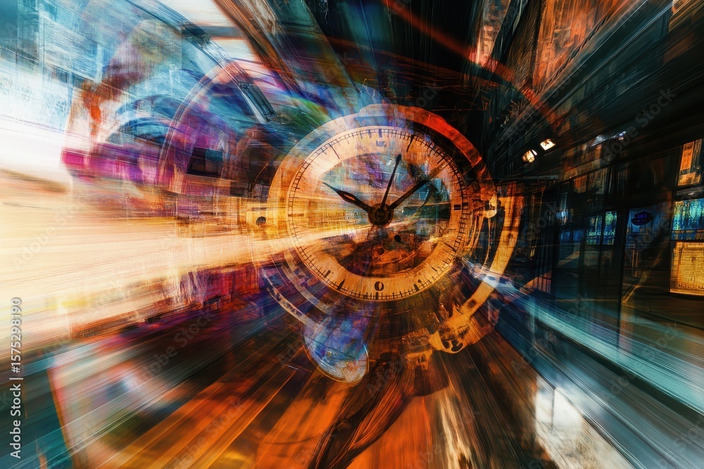 Poster spinning clocks in an abstract representation of time passing through vibrant colors and dynamic pat