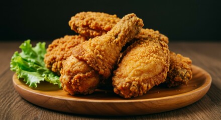 Serving Fried Chicken on Wooden Plate with Lettuce