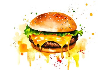 Juicy cheeseburger watercolor art with dripping cheese and splashes