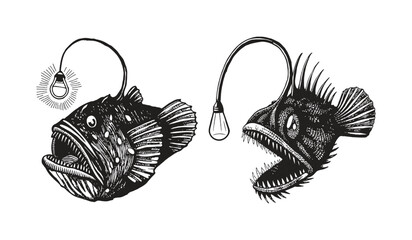 Anglerfish with glowing lures, drawn in a vintage style, isolated on white background
