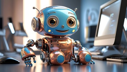Friendly copper and blue robot assistant at a computer desk, cheerful AI technology concept.