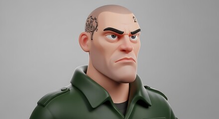 Cartoonish 3D rendering of a man with a stern expression, tattoos on his head, and wearing a green shirt.