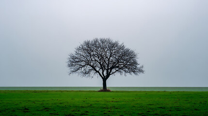 Obraz premium Solitary Bare Tree in Green Field Under Grey Sky Rural Stillness