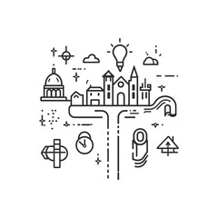 Obraz premium Stylized Cityscape Icon with Building, Clock, Lightbulb, and Arrow Icons on White Background