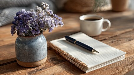 Therapy workbooks soft light scene with pen and notepad, mental health self-help resources concept for wellness design ads