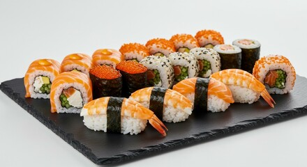 Sushi Platter with Assorted Rolls and Nigiri on Slate Board
