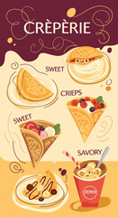 Sweet and Savory Varieties at a Charming Creperie, Vibrant Illustration, Food Art