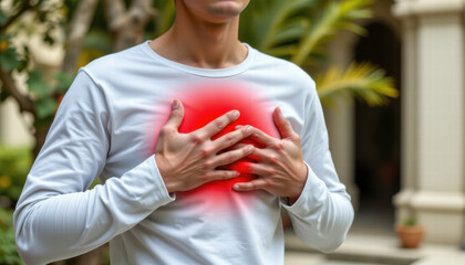 Person is experiencing discomfort, holding their chest with both hands, indicating possible health issue. background features greenery and blurred architectural setting, creating serene atmosphere