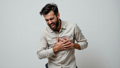 Man expresses intense emotion, clutching his chest in moment of distress. His facial expression conveys pain or anguish, set against neutral background