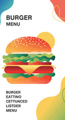 Vibrant Burger Menu Design Featuring Fresh Ingredients, Graphic Illustration, Colorful Background, Eye-catching Food Presentation