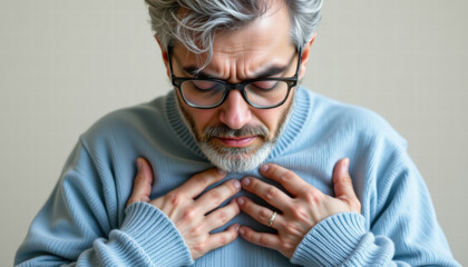 Man with gray hair and glasses is experiencing discomfort, holding his chest with concerned expression. He wears light blue sweater, conveying sense of vulnerability and worry
