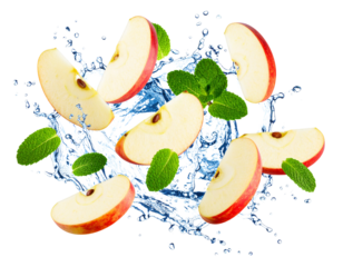 Fresh Apple Slices and Mint Leaves Splashing into Water, Isolated on Transparent Background PNG