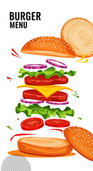 Delicious Burger Menu Design, Graphic Food Concept, Colorful Elements, Modern Style, Vertical View, Restaurant Environment