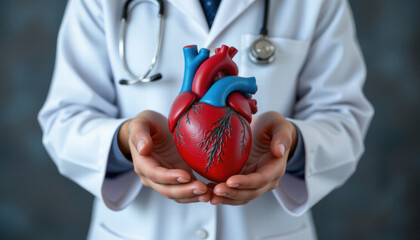 Medical professional holds detailed anatomical model of human heart, showcasing its structure and colors. image conveys sense of care and expertise in field of medicine
