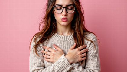 Young woman with long hair and glasses is standing against pink background, wearing cozy sweater. She has thoughtful expression, with her arms crossed over her chest, conveying sense