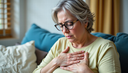 Middle aged woman with short gray hair and glasses sits on couch, holding her chest with concerned expression. She appears to be experiencing discomfort or anxiety in cozy living room setting